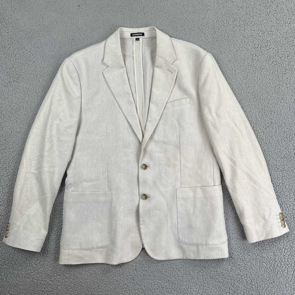 Express Slim Fit Linen Blend Blazer Men 44R Beige 2 Button Jacket
